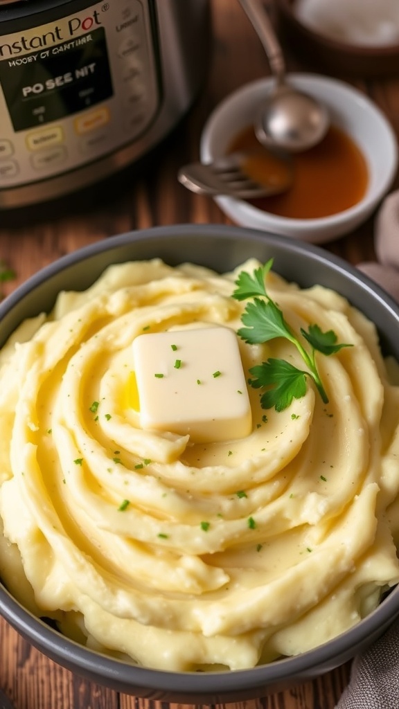 A bowl of creamy mashed potatoes with butter and parsley, served with gravy on a rustic table.
